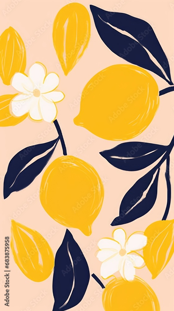 Abstract art background . Natural hand drawn pattern design with flower, lemon,leaves, branch. Simple contemporary style illustrated Design for fabric, print, cover, banner, Generative AI
