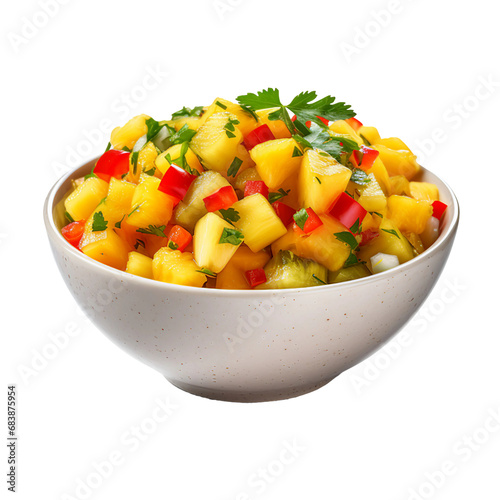 A Bowl of Fresh Mango Pineapple Kiwi Salsa Isolated on a Transparent Background