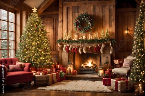 Rustic Style House Full of Christmas Decorations with Dramatic Cozy Lightings, Winter Snow Outside, Detailed, Super Resolution