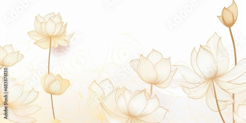 Luxury hand drawn lotus flowers background . Elegant gradient gold lotus flowers line art, leaves on white background. Oriental design for wedding invitation, cover, print, decoration, Generative AI photo
