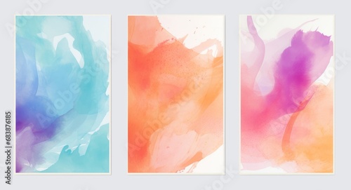 Watercolor art background cover template set. Wallpaper design with paint brush, colorful, brush stroke. Abstract illustration for prints, wall art and invitation card, Generative AI
