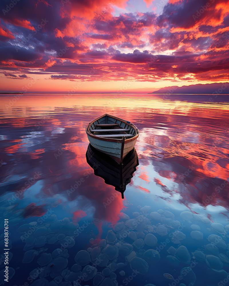 dryfująca łódka przy zachodzie słońca na kolorowych chmurach - obrazy, fototapety, plakaty 