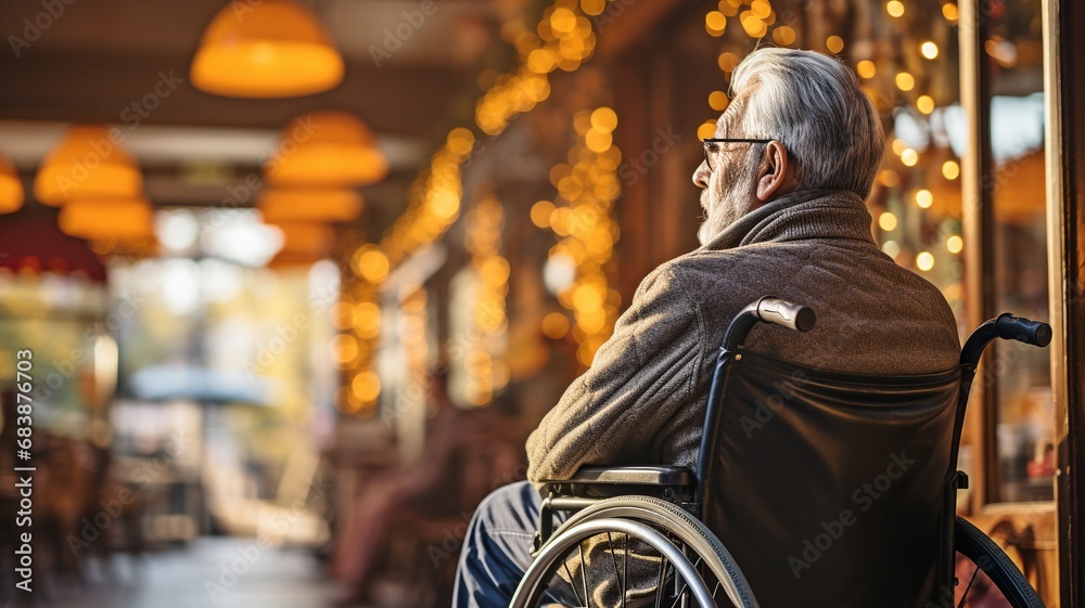 Wheelchair patient for senior care, trust, or help in an assisted living facility.