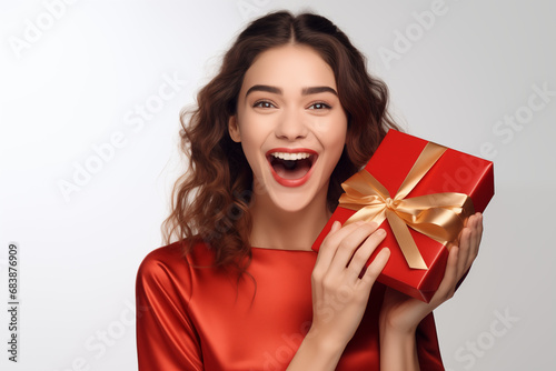Portrait of a Beautiful Laughing Young Woman in a Red Dress, Holding a Red Gift Box - Radiating Joy and Elegance in Celebration