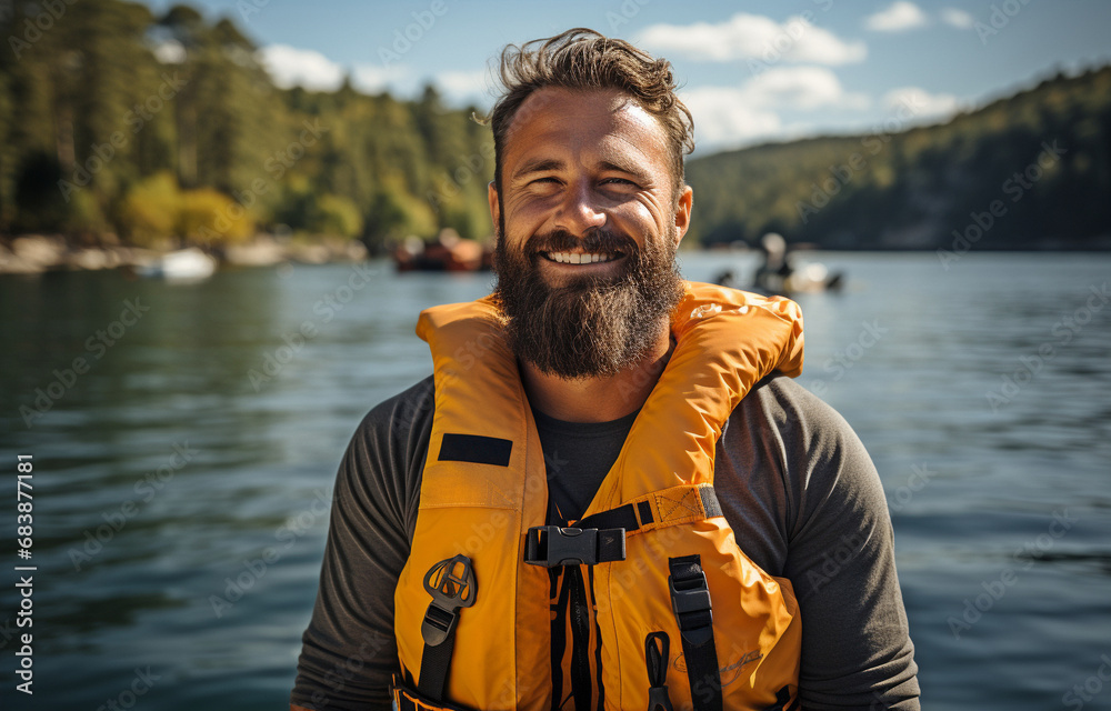 Man, equipped with a life jacket, ready for outdoor and extreme sports in a lake, perfect for workouts and fitness. Individual, content, outside by the river,. Man, equipped with a life jacket, ready for outdoor and extreme sports in a lake, perfect for workouts and fitness. Individual, content, outside by the river,.