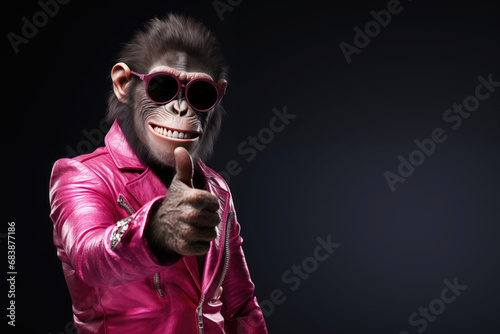 pink pop monkey in leather jacket and sunglasses making thumb up photo