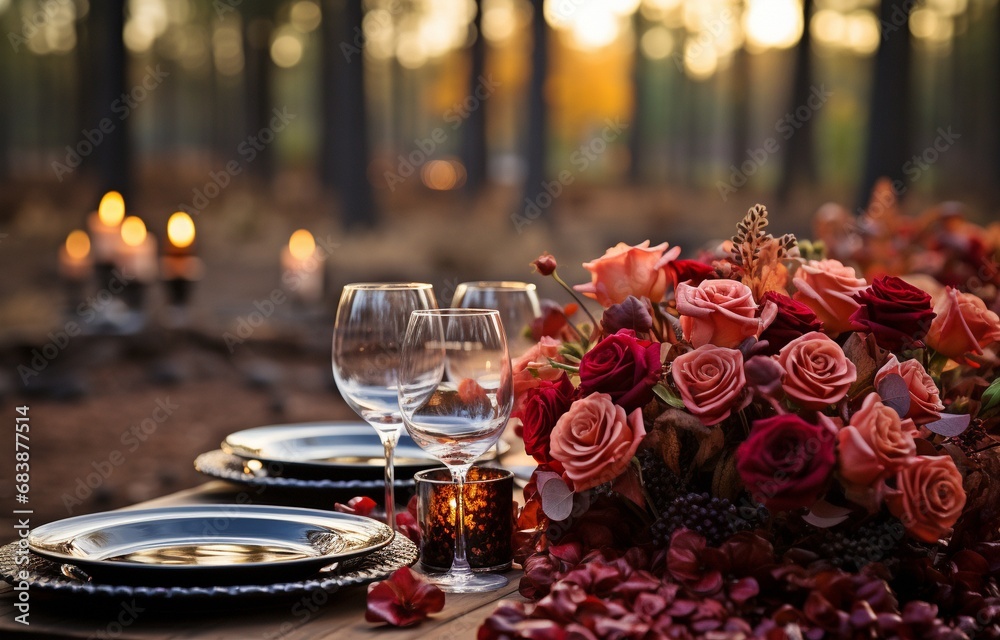 With a forest in the backdrop, an outdoor Thanksgiving centrepiece.