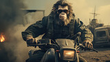 przysłość jak człowieko małpa jedzie na motorze