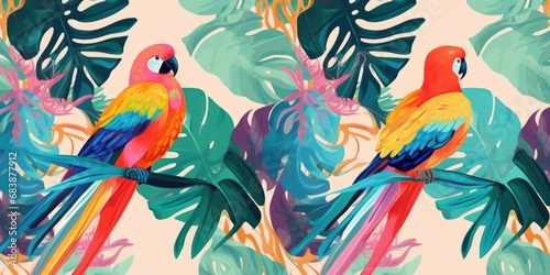 Abstract art seamless pattern with parrots and tropical leaves. Modern exotic design, Generative AI © Design Dynasty