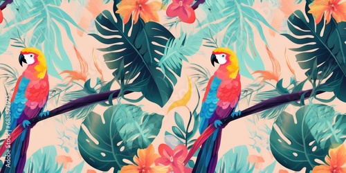 Abstract art seamless pattern with parrots and tropical leaves. Modern exotic design, Generative AI photo