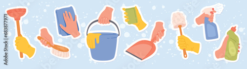 Hands holding cleaning household supplies set. Gloves, sponge, washing detergent spray bottle, bucket, brush, scoop equipment stickers. Home cleanup housekeeping cleaners flat vector illustration