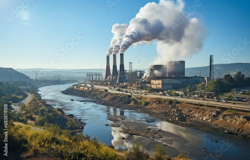 At an electrical generating plant, smokestacks release steam..