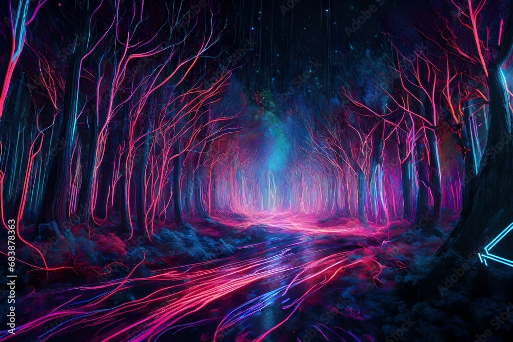A digital explosion of neon streaks, giving life to a cybernetic forest where the boundaries between reality and virtuality blur. A digital explosion of neon streaks, giving life to a cybernetic forest where the boundaries between reality and virtuality blur.
