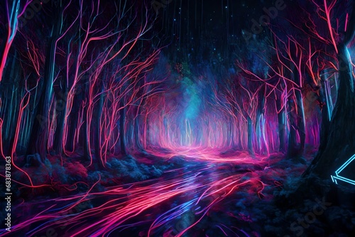 A digital explosion of neon streaks, giving life to a cybernetic forest where the boundaries between reality and virtuality blur. © Resonant Visions
