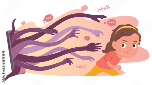 Person annoyed with internet messages overload. Hands reaching for child from mobile cell phone screen. Girl kid overwhelmed with information. Social media problem concept flat vector illustration