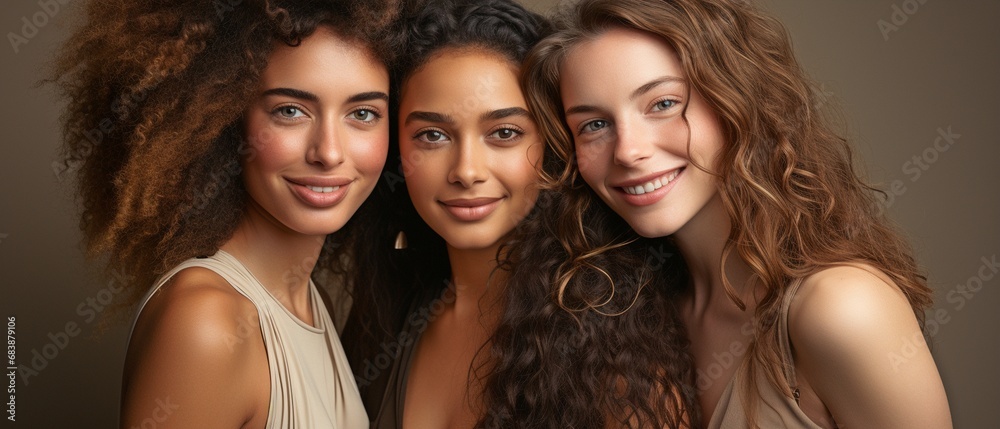 Obraz premium Isolated women, faces and inherent beauty, diversity and well-being, dermatology, and companions against a studio backdrop. individual skin,.