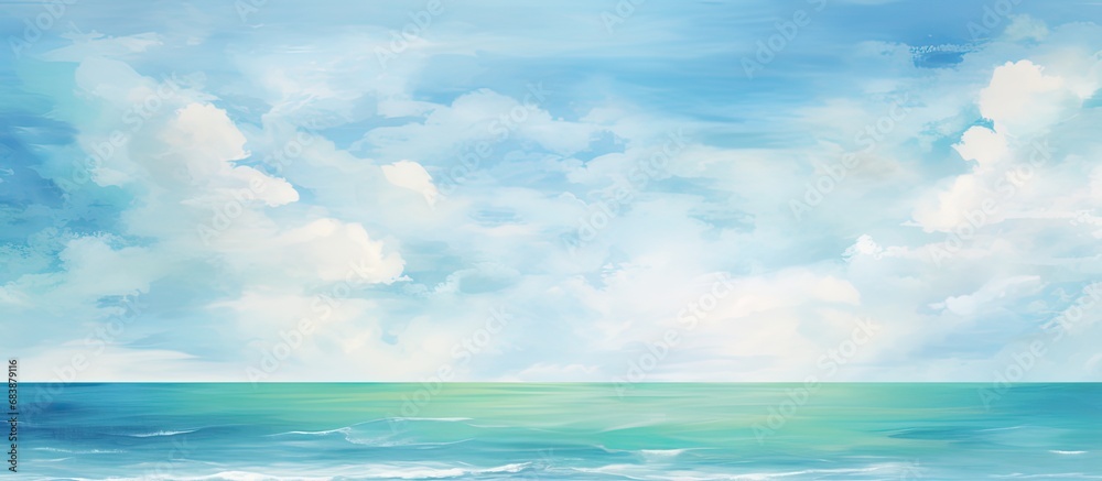 The sky was painted in a vibrant gradient of retro blue, giving way to green hues reminiscent of a tropical paradise, with abstract watercolor strokes mirroring the gentle waves of the ocean, as the The sky was painted in a vibrant gradient of retro blue, giving way to green hues reminiscent of a tropical paradise, with abstract watercolor strokes mirroring the gentle waves of the ocean, as the