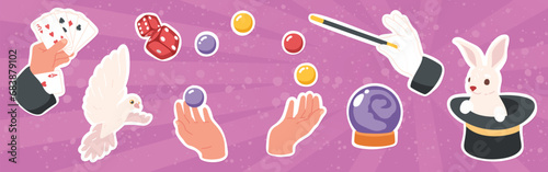 Magician hands, magic wand and rabbit in hat. Illusionist hands juggle, hold playing cards show trick, dices, dove, magical sphere set. Entertainment performance stickers flat vector illustration
