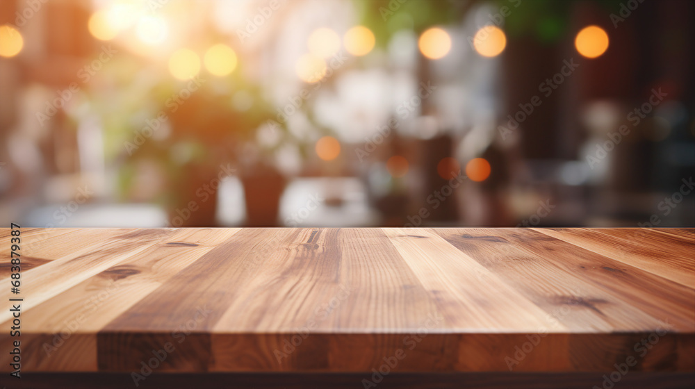 Wood Table on Blurred Kitchen Background - Rustic Dining Space Wood Table on Blurred Kitchen Background - Rustic Dining Space