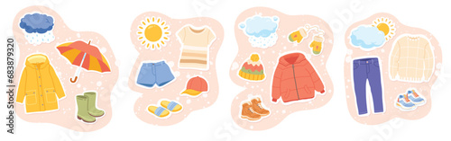 Autumn, winter, spring, summer season clothes set. Casual jackets, jeans, t-shirt, shoes, sweater, hat seasonal clothing outfit stickers collection. Garment, apparel fashion flat vector illustration