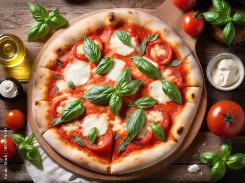 Top view of pizza with a basil herb on the top. Tomato and olive oil in the background. 