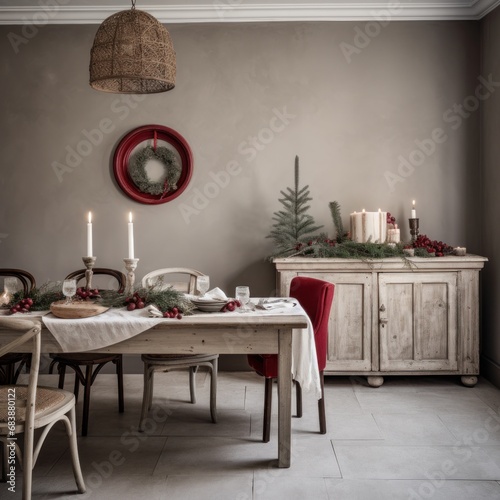 a room with wooden furniture, christmas decorations, and table, light gray, a...