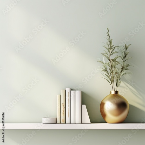 a shelf with a vase of plants and books on a white board