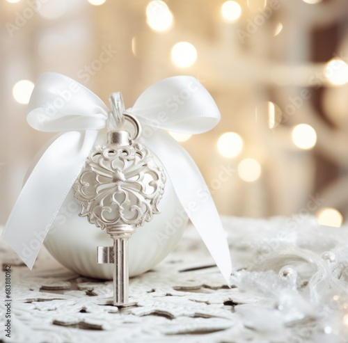 a silver and white christmas ornament, white keys, white bow