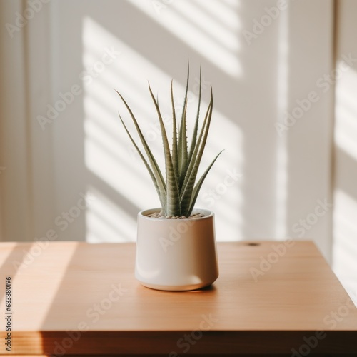 a small aloe vera plant is placed on top of a white table,