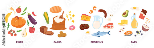 Carbs, proteins, fats, fiber food groups set. Fruits, vegetables, fish, cheese, oil, meat products healthy nutrition balance. Different food energy categories, natural diet flat vector illustration