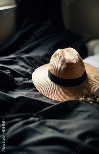 a straw hat, sunglasses and a straw bucket hat lying on a white blanket,