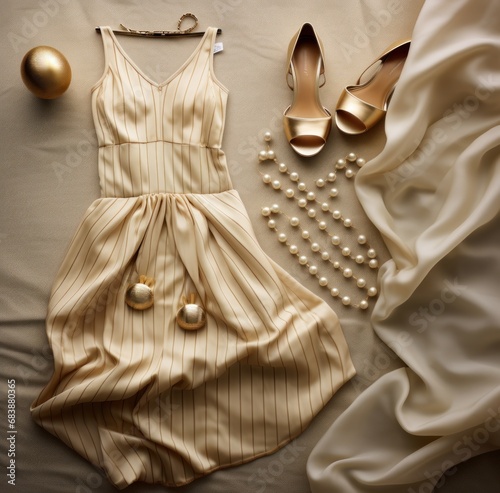 a striped dress and high heels and a necklace laid out on a bed,