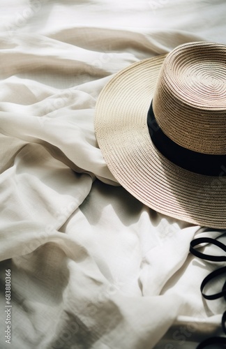 a straw hat, sunglasses and a straw bucket hat lying on a white blanket,