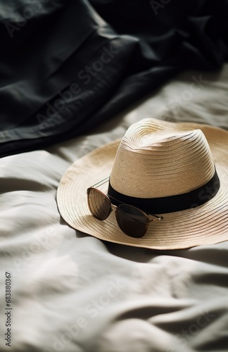 a straw hat, sunglasses and a straw bucket hat lying on a white blanket,