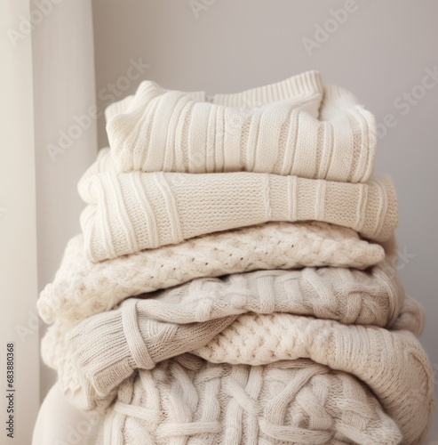 a stack of knit sweaters on an image background