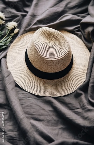 a straw hat, sunglasses and a straw bucket hat lying on a white blanket,