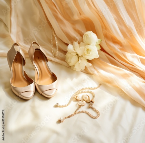 a striped dress and high heels and a necklace laid out on a bed,