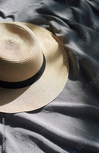 a straw hat, sunglasses and a straw bucket hat lying on a white blanket,