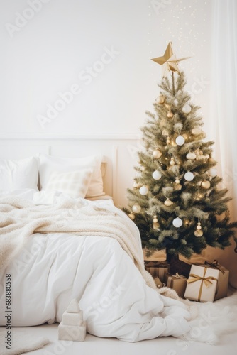 a white bedroom with a christmas tree and decorations are arranged in a rusti...