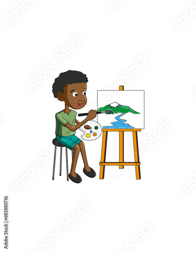 Niño afro , pintor, artista, sentado pintando, afro 