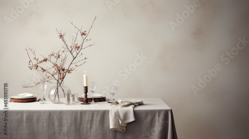 a white table setup in a dining room has a tablecloth