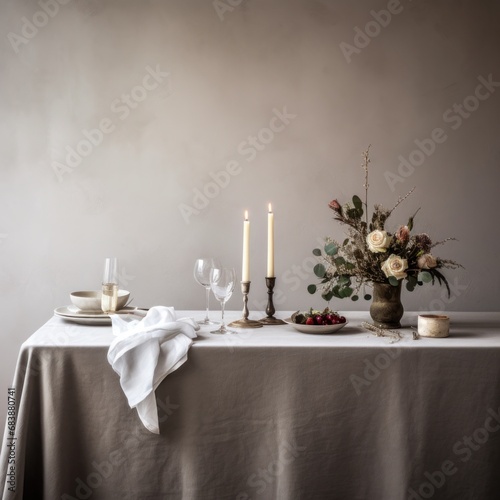 a white table setup in a dining room has a tablecloth