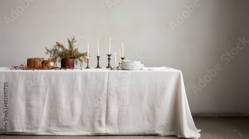 a white table setup in a dining room has a tablecloth