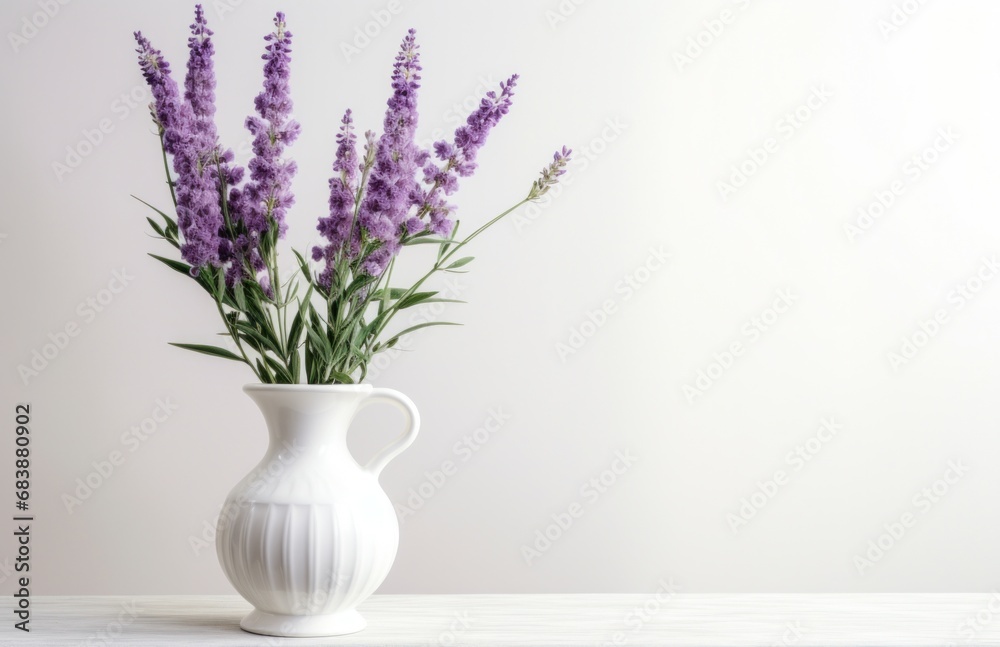 a white vase with lilas are sitting on top of a dresser table