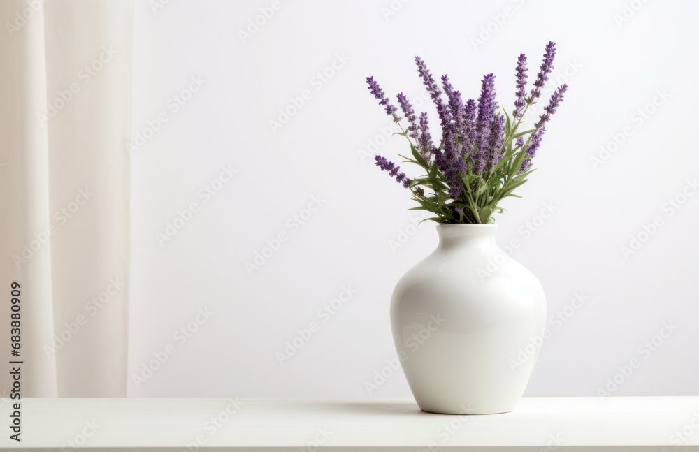 a white vase with lilas are sitting on top of a dresser table a white vase with lilas are sitting on top of a dresser table
