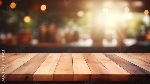 Wood Table on Blurred Kitchen Background - Rustic Dining Space © Sunanta