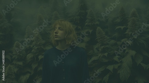 girl against the background of cannabis leaves, surrounded by morning haze, toned blurry image,