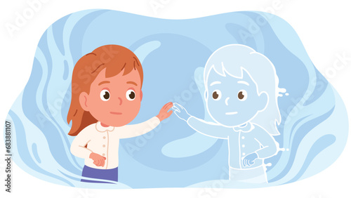Girl kid aware of shadow personality. Child person meeting unconscious side of oneself. Self-acceptance, awareness, mental health, psychology, consciousness concept flat vector illustration