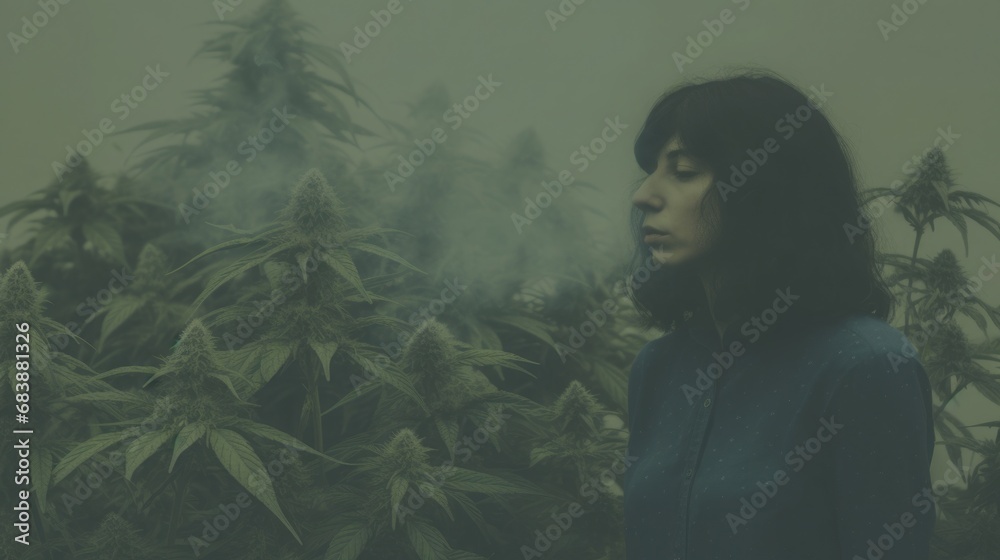girl against the background of cannabis leaves, surrounded by morning haze, toned blurry image, - obrazy, fototapety, plakaty 