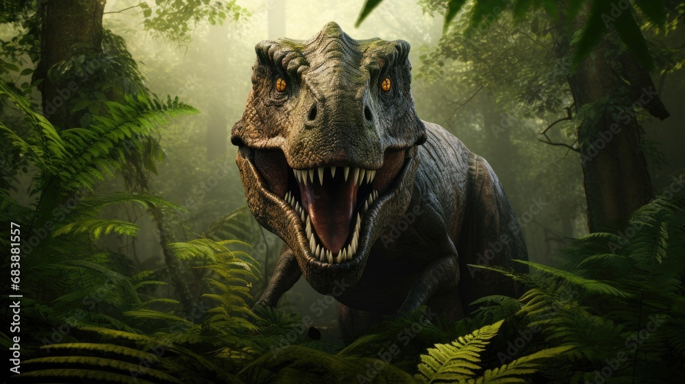 Fototapeta premium A fearsome dinosaur emerging from dense prehistoric foliage